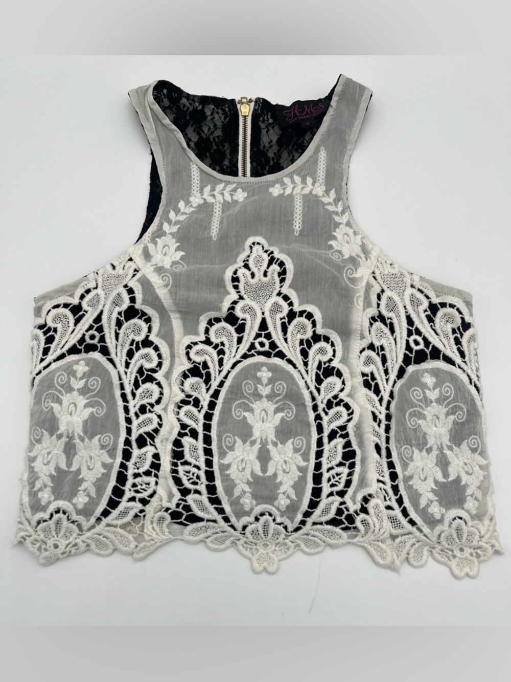 Hot Miami Styles Black and White Lace Crop Tank w/ zip up back size Small